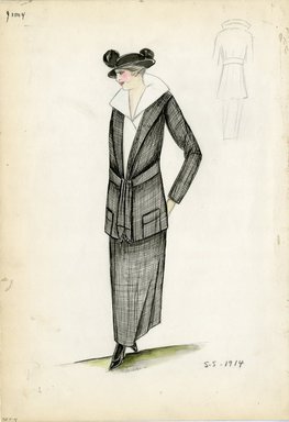 <em>"Suit, Jenny, 1914. Long black and white skirt with matching hip length jacket; soft wasit sash; white blouse with wide pointed collar; black hat; black high heels. (Bendel Collection, HB 007-04)"</em>, 1914. Fashion sketch, 12.25 x 8.5 in (31.1 x 21.6 cm). Brooklyn Museum, Fashion sketches. (Photo: Brooklyn Museum, SC01.1_Bendel_Collection_HB_007-04_1914_Jenny_SL5.jpg