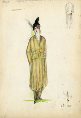 <em>"Coat and skirt, Cheruit, Summer 1914. Mid calf length coat with long black skirt; black hat with feather. (Bendel Collection, HB 007-05)"</em>, 1914. Fashion sketch, 12.25 x 8.5 in (31.1 x 21.6 cm). Brooklyn Museum, Fashion sketches. (Photo: Brooklyn Museum, SC01.1_Bendel_Collection_HB_007-05_1914_Cheruit_SL5.jpg