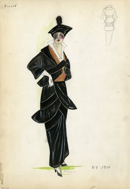 <em>"Suit, Decoll, 1914. Long black skirt with crossed panels; matching open jacket with crossed bands; plaid vest; white blouse with stand up collar; black hat with feather. (Bendel Collection, HB 007-06)"</em>, 1914. Fashion sketch, 12.25 x 8.5 in (31.1 x 21.6 cm). Brooklyn Museum, Fashion sketches. (Photo: Brooklyn Museum, SC01.1_Bendel_Collection_HB_007-06_1914_Drecoll_SL5.jpg