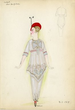 <em>"Dress, Callot Soeurs, 'Sur Les Galels', 1914. Long white dress; long white blouse ending in a center v below the knee; embroidered in gold, blue and silver with leaves and birds on bodice and cuffs; red hat; high heels. (Bendel Collection, HB 007-07)"</em>, 1914. Fashion sketch, 12.25 x 8.5 in (31.1 x 21.6 cm). Brooklyn Museum, Fashion sketches. (Photo: Brooklyn Museum, SC01.1_Bendel_Collection_HB_007-07_1914_Callot_SL5.jpg