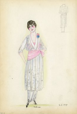 <em>"Dress, 1914. Mid calf length white dress with long white underdress; draped bodice; floral embroidery on dress and bodice; diagonally draped pink sash at waist; pink slip. (Bendel Clooection, HB 007-08)"</em>, 1914. Fashion sketch, 12.25 x 8.5 in (31.1 x 21.6 cm). Brooklyn Museum, Fashion sketches. (Photo: Brooklyn Museum, SC01.1_Bendel_Collection_HB_007-08_1914_SL5.jpg