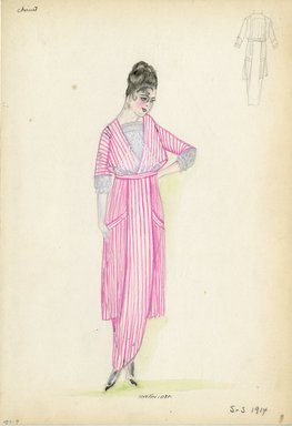 <em>"Day dress, Cheruit, 1914. Long pink and white striped dress; overskirt with pockets; elbow length sleeves; lace or net blouse. (Bendel Collection, HB 007-09)"</em>, 1914. Fashion sketch, 12.25 x 8.5 in (31.1 x 21.6 cm). Brooklyn Museum, Fashion sketches. (Photo: Brooklyn Museum, SC01.1_Bendel_Collection_HB_007-09_1914_Cheruit_SL5.jpg