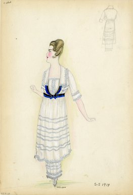 <em>"Dress, Callot Soeurs, 1914. Mid calf length white dress with underskirt; rows of trim on dress, bodice and sleeves; flat collar; blue and brown belt; elbow length sleeves. (Bendel Collection, HB 007-10)"</em>, 1914. Fashion sketch, 12.25 x 8.5 in (31.1 x 21.6 cm). Brooklyn Museum, Fashion sketches. (Photo: Brooklyn Museum, SC01.1_Bendel_Collection_HB_007-10_1914_Callot_SL5.jpg