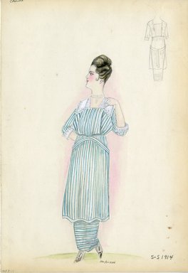 <em>"Day dress, Cheruit, 1914. Long mid calf length dress in green and white stripes; long underskirt in green and white horizontal stripes; square necked bodice with white flat collar and matching cuffs. (Bendel Collection, HB 007-11)"</em>, 1914. Fashion sketch, 12.25 x 8.5 in (31.1 x 21.6 cm). Brooklyn Museum, Fashion sketches. (Photo: Brooklyn Museum, SC01.1_Bendel_Collection_HB_007-11_1914_Cheruit_SL5.jpg