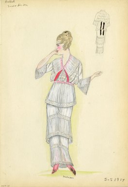 <em>"Day dress, Callot Soeurs, 'Souir De Ma', 1914. Three-tiered long white dress; wide flat collar and wide cuffs at elbow; pink ribbon. (Bendel Collection, HB 007-13)"</em>, 1914. Fashion sketch, 12.25 x 8.5 in (31.1 x 21.6 cm). Brooklyn Museum, Fashion sketches. (Photo: Brooklyn Museum, SC01.1_Bendel_Collection_HB_007-13_1914_Callot_SL5.jpg