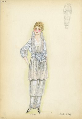 <em>"Day dress, Callot Soeurs, 1914. Three-tiered long white dress with embroidery in white; 3/4 length sleeves; white lace collar; wide white waist sash. (Bendel Collection, HB 007-14)"</em>, 1914. Fashion sketch, 12.25 x 8.5 in (31.1 x 21.6 cm). Brooklyn Museum, Fashion sketches. (Photo: Brooklyn Museum, SC01.1_Bendel_Collection_HB_007-14_1914_Callot_SL5.jpg