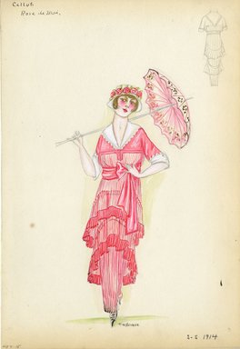 <em>"Day Dress, Callot Soeurs, ' Rose de Mai', 1914. Two-tired long red dress; wide waist sash; elbow length sleeves with white cuffs and white shawl collar; white hat with roses; pink parasol. (Bendel Collection, HB 007-15)"</em>, 1914. Fashion sketch, 12.25 x 8.5 in (31.1 x 21.6 cm). Brooklyn Museum, Fashion sketches. (Photo: Brooklyn Museum, SC01.1_Bendel_Collection_HB_007-15_1914_Callot_SL5.jpg