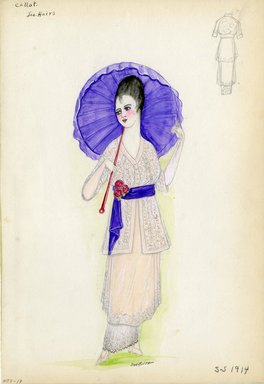 <em>"Day dress, Callot Soeurs, 'Les Hairs', 1914. Long pale pink dress trimed with white embroidery; mid-thigh length blouse with v-neck and elbow length sleeves; blouse with all over embroidery; purple sash; large purple parasol. (Bendel Collection, HB 007-17)"</em>, 1914. Fashion sketch, 12.25 x 8.5 in (31.1 x 21.6 cm). Brooklyn Museum, Fashion sketches. (Photo: Brooklyn Museum, SC01.1_Bendel_Collection_HB_007-17_1914_Callot_SL5.jpg