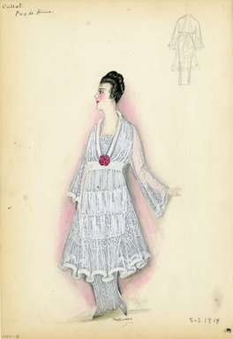 <em>"Dress, Callot Soeurs, 'Prix de Diane', 1914. Mid-calf length sheer white dress with full skirt; long straight underskirt in white; bodice with long full sheer white sleeves and deep v-neck; fabric appears to be net or lace. (Bendel Collection, HB 007-18)"</em>, 1914. Fashion sketch, 12.25 x 8.5 in (31.1 x 21.6 cm). Brooklyn Museum, Fashion sketches. (Photo: Brooklyn Museum, SC01.1_Bendel_Collection_HB_007-18_1914_Callot_SL5.jpg