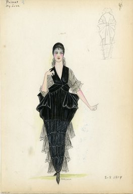 <em>"Evening dress, Primet, 'My Love', 1914. Long black dress with fabric draped at hips; 4 rows of sheer black net on skirt; black bodice with black net elbow length sleeves ending in 2 rows of ruffles; stand up balck net collar. (Bendel Collection, HB 007-21)"</em>, 1914. Fashion sketch, 12.25 x 8.5 in (31.1 x 21.6 cm). Brooklyn Museum, Fashion sketches. (Photo: Brooklyn Museum, SC01.1_Bendel_Collection_HB_007-21_1914_Primet_SL5.jpg