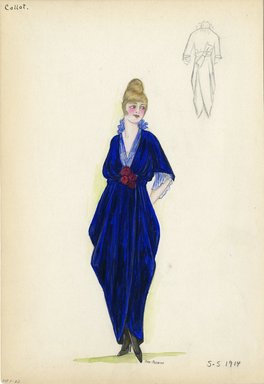 <em>"Dress, Callot, 1914. Long midnight blue dress with draped skirt open in front; draped bodice with deep v-neck and elbow length sleeves trimmed with sheer fabric; a cluster of 4 roses at waist on sash. (Bendel Collection, HB 007-22)"</em>, 1914. Fashion sketch, 12.25 x 8.5 in (31.1 x 21.6 cm). Brooklyn Museum, Fashion sketches. (Photo: Brooklyn Museum, SC01.1_Bendel_Collection_HB_007-22_1914_Callot_SL5.jpg