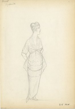 <em>"Dress, Primet, 'Sybarite', 1914. Long dress; bodice with elbow length sleeves; shawl collar; pencil drawing. (Bendel Collection, HB 007-23)"</em>, 1914. Fashion sketch, 12.25 x 8.5 in (31.1 x 21.6 cm). Brooklyn Museum, Fashion sketches. (Photo: Brooklyn Museum, SC01.1_Bendel_Collection_HB_007-23_1914_Primet_SL5.jpg