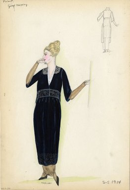 <em>"Day dress, Primet, 'Good Morning', 1914. Long dark blue dress with embroidery along hem and waist; tan underskirt; deep v-neck bodice; elbow length sleeves; flat lace collar; tan long sleeves under bodice. (Bendel Collection, HB 007-24)"</em>, 1914. Fashion sketch, 12.25 x 8.5 in (31.1 x 21.6 cm). Brooklyn Museum, Fashion sketches. (Photo: Brooklyn Museum, SC01.1_Bendel_Collection_HB_007-24_1914_Primet_SL5.jpg