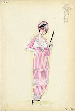 <em>"Day dress, Cheruit, 1914. Long pink and white striped dress; hem trimmed with white net or lace; white bodice; pink and white striped elbow length sleeves; pink and white striped belt; white cloche trimmed with black ribbon and small roses; pink parasol. (Bendel Collection, HB 007-25)"</em>, 1914. Fashion sketch, 12.25 x 8.5 in (31.1 x 21.6 cm). Brooklyn Museum, Fashion sketches. (Photo: Brooklyn Museum, SC01.1_Bendel_Collection_HB_007-25_1914_Cheruit_SL5.jpg