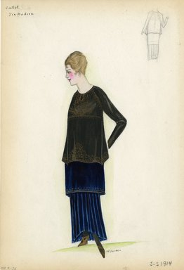 <em>"Day dress, Callot, 'Vie Modern', 1914. Long midnight blue dress with knee-length over skirt trimmed with gold embroidery; long loose blouse with gold embroidery along hem, front of blouse and sleeves. (Bendel Collection, HB 007-26)"</em>, 1914. Fashion sketch, 12.25 x 8.5 in (31.1 x 21.6 cm). Brooklyn Museum, Fashion sketches. (Photo: Brooklyn Museum, SC01.1_Bendel_Collection_HB_007-26_1914_Callot_SL5.jpg