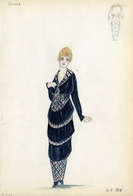 <em>"Day dress, Arnold, 1914. Long dark blue tiered dress with plaid underskirt in red, blue and white; same plaid on tiers and front of skirt; long sleveed bodice; plaid shawl collar. (Bendel Collection, HB 007-27)"</em>, 1914. Fashion sketch, 12.25 x 8.5 in (31.1 x 21.6 cm). Brooklyn Museum, Fashion sketches. (Photo: Brooklyn Museum, SC01.1_Bendel_Collection_HB_007-27_1914_Arnold_SL5.jpg