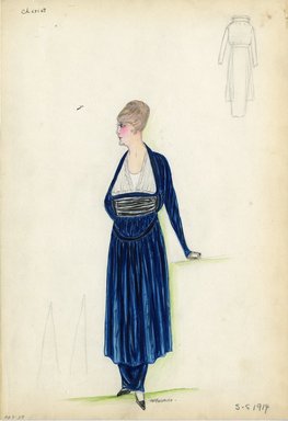 <em>"Dress, Cheruit, 1914. Long dark blue dress with full skirt gathered at waist; straight underskirt; open bodice with white blouse underneath; wide black belt. (Bendel Collection, HB 007-29)"</em>, 1914. Fashion sketch, 12.25 x 8.5 in (31.1 x 21.6 cm). Brooklyn Museum, Fashion sketches. (Photo: Brooklyn Museum, SC01.1_Bendel_Collection_HB_007-29_1914_Cheruit_SL5.jpg