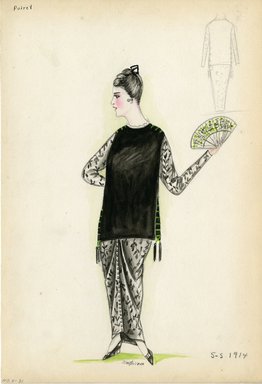 <em>"Evening dress, Poiret, 1914. Long grey dress with gathered skirt and row of small buttons down center front of skirt; dress fabric in grey with design of leaves on stems; long sleeved bodice in grey with leaves; mid thigh length sleeveless tunic over dress; green lacing at sides ending in black tassels; fan. (Bendel Collection, HB 007-31)"</em>, 1914. Fashion sketch, 12.25 x 8.5 in (31.1 x 21.6 cm). Brooklyn Museum, Fashion sketches. (Photo: Brooklyn Museum, SC01.1_Bendel_Collection_HB_007-31_1914_Poiret_SL5.jpg