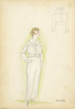 <em>"Day dress, 1914. Long white shirtwaist dress; long sleeves with buttoned cuffs; flat collar; wide belt. (Bendel Collection, HB 007-32)"</em>, 1914. Fashion sketch, 12.25 x 8.5 in (31.1 x 21.6 cm). Brooklyn Museum, Fashion sketches. (Photo: Brooklyn Museum, SC01.1_Bendel_Collection_HB_007-32_1914_SL5.jpg