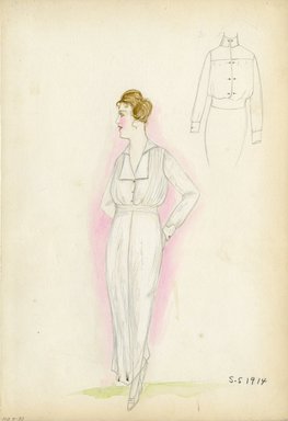 <em>"Day dress, 1914. Long white shirtwaist dress; long sleeves with buttoned cuffs; flat collar; wide belt. (Bendel Collection, HB 007-33)"</em>, 1914. Fashion sketch, 12.25 x 8.5 in (31.1 x 21.6 cm). Brooklyn Museum, Fashion sketches. (Photo: Brooklyn Museum, SC01.1_Bendel_Collection_HB_007-33_1914_SL5.jpg