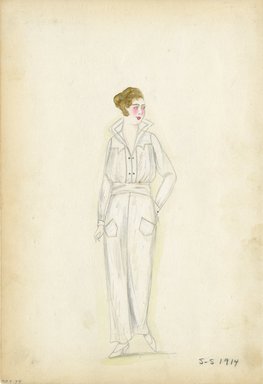 <em>"Day dress, 1914. Long white shirtwaist dress; patch pockets on skirt; long sleeves with buttoned cuffs; stand up collar. (bendel Collection, HB 007-34)"</em>, 1914. Fashion sketch, 12.25 x 8.5 in (31.1 x 21.6 cm). Brooklyn Museum, Fashion sketches. (Photo: Brooklyn Museum, SC01.1_Bendel_Collection_HB_007-34_1914_SL5.jpg