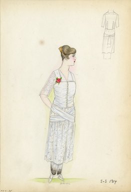 <em>"Dress, 1914. Long white dress with white underskirt; gathered bodice buttoned down front; sheer elbow length sleeves; white sash criss-crossed on skirt and tied in back. (Bendel Collection, 007-35)"</em>, 1914. Fashion sketch, 12.25 x 8.5 in (31.1 x 21.6 cm). Brooklyn Museum, Fashion sketches. (Photo: Brooklyn Museum, SC01.1_Bendel_Collection_HB_007-35_1914_SL5.jpg