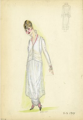 <em>"Day dress, 1914. Long white dress with sheer white overskirt in white with design of white roses; sleeveless vest buttoned down front; white long sleeved blouse with ruffled cuffs trimmed in pink; stand up collar trimmed in pink. (Bendel Collection, HB 007-36)"</em>, 1914. Fashion sketch, 12.25 x 8.5 in (31.1 x 21.6 cm). Brooklyn Museum, Fashion sketches. (Photo: Brooklyn Museum, SC01.1_Bendel_Collection_HB_007-36_1914_SL5.jpg