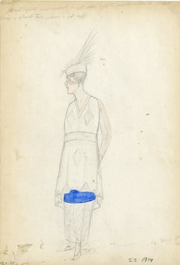 <em>"Day dress, Cheruit, 1914. Long dress; overskirt; v-neck bodice; long sleeves; hat with long feathers; pencil drawing with band on blue. (Bendel Collection, HB 007-38)"</em>, 1914. Fashion sketch, 12.25 x 8.5 in (31.1 x 21.6 cm). Brooklyn Museum, Fashion sketches. (Photo: Brooklyn Museum, SC01.1_Bendel_Collection_HB_007-38_1914_Cheruit_SL5.jpg