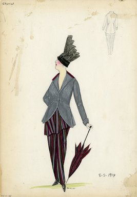 <em>"Day ensemble, Cheruit, 1914. Long grey, maroon and black striped skirt; long grey fitted jacket with maroon trim along collar; maroon and black parasol; black hat with lace. (Bendel Collection, HB 007-40)"</em>, 1914. Fashion sketch, 12.25 x 8.5 in (31.1 x 21.6 cm). Brooklyn Museum, Fashion sketches. (Photo: Brooklyn Museum, SC01.1_Bendel_Collection_HB_007-40_1914_Cheruit_SL5.jpg