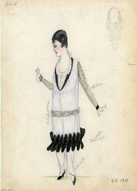 <em>"Dress, Doucet, 1914. Long white dress; sheer overdress in white with black velvet ruffle along hem; black lace sleeves. (Bendel Collection, HB 007-41)"</em>, 1914. Fashion sketch, 12.25 x 8.5 in (31.1 x 21.6 cm). Brooklyn Museum, Fashion sketches. (Photo: Brooklyn Museum, SC01.1_Bendel_Collection_HB_007-41_1914_Doucet_SL5.jpg