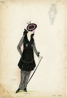 <em>"Dress, Bulloz, 1914. Long black and white dress; over skirt and bodice in black; black and white long sleeves; flat black hat with circle of roses. (Bendel Collection, HB 007-42)"</em>, 1914. Fashion sketch, 12.25 x 8.5 in (31.1 x 21.6 cm). Brooklyn Museum, Fashion sketches. (Photo: Brooklyn Museum, SC01.1_Bendel_Collection_HB_007-42_1914_Bulloz_SL5.jpg