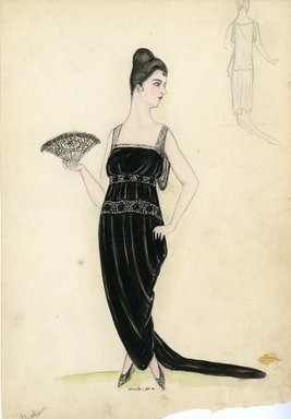 <em>"Evening dress, 1914. Long sleeveless black dress with train; inserts of embroidery or lace on skirt and waistband; black and white fan edged with feathers. (Bendel Collection, HB 008-01)"</em>, 1914. Fashion sketch, 12.25 x 8.5 in (31.1 x 21.6 cm). Brooklyn Museum, Fashion sketches. (Photo: Brooklyn Museum, SC01.1_Bendel_Collection_HB_008-01_1914_SL5.jpg