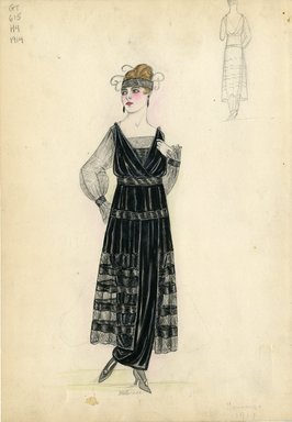 <em>"Evening dress, Summer 1914. Long black dress with overskirt in black with inserts of black net; long sheer sleeves; black headband with feathers. (Bendel Collection, HB 008-02)"</em>, 1914. Fashion sketch, 12.25 x 8.5 in (31.1 x 21.6 cm). Brooklyn Museum, Fashion sketches. (Photo: Brooklyn Museum, SC01.1_Bendel_Collection_HB_008-02_1914_SL5.jpg