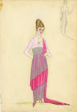 <em>"Evening dress, Summer 1914. Long pink and silver lace dress with train; sheer pink short sleeved bodice; square neck; wide silver lace belt. (Bendel Collection, HB 008-03)"</em>, 1914. Fashion sketch, 12.25 x 8.5 in (31.1 x 21.6 cm). Brooklyn Museum, Fashion sketches. (Photo: Brooklyn Museum, SC01.1_Bendel_Collection_HB_008-03_1914_SL5.jpg