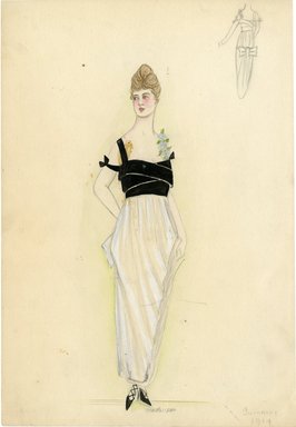 <em>"Evening dress, Summer 1914.  Long white skirt; black sleeveless bodice; black laced high heels. (Bendel Collection, HB 008-04)"</em>, 1914. Fashion sketch, 12.25 x 8.5 in (31.1 x 21.6 cm). Brooklyn Museum, Fashion sketches. (Photo: Brooklyn Museum, SC01.1_Bendel_Collection_HB_008-04_1914_SL5.jpg