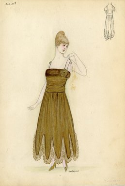 <em>"Evening dress, Cheruit, Summer 1914. Long gold dress; scalloped hem trimmed with gold lace; sleeveless gold bodice trimmed in brown fur. (Bendel Collection, HB 008-05)"</em>, 1914. Fashion sketch, 12.25 x 8.5 in (31.1 x 21.6 cm). Brooklyn Museum, Fashion sketches. (Photo: Brooklyn Museum, SC01.1_Bendel_Collection_HB_008-05_1914_Cheruit_SL5.jpg