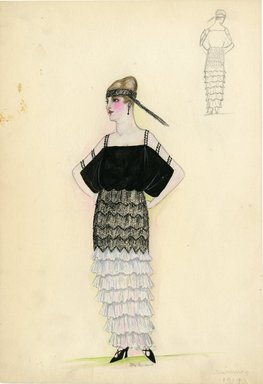 <em>"Evening dress, Summer 1914. Long dress with rows of white and black ruffles; draped black bodice with 3 straps on each side; black headband with feather. (Bendel Collection, HB 008-06)"</em>, 1914. Fashion sketch, 12.25 x 8.5 in (31.1 x 21.6 cm). Brooklyn Museum, Fashion sketches. (Photo: Brooklyn Museum, SC01.1_Bendel_Collection_HB_008-06_1914_SL5.jpg