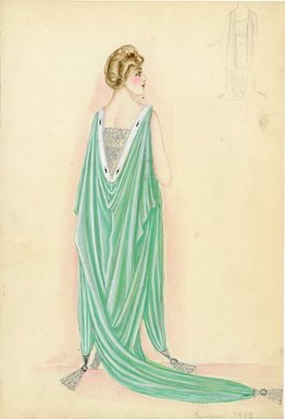 <em>"Evening dress, Summer 1914.  Long green dress; draped back view; silver beaded tassels; low back trimmed in white ermine; white lace slip. (Bendel Collection, HB 008-7)"</em>, 1914. Fashion sketch, 12.25 x 8.5 in (31.1 x 21.6 cm). Brooklyn Museum, Fashion sketches. (Photo: Brooklyn Museum, SC01.1_Bendel_Collection_HB_008-07_1914_SL5.jpg