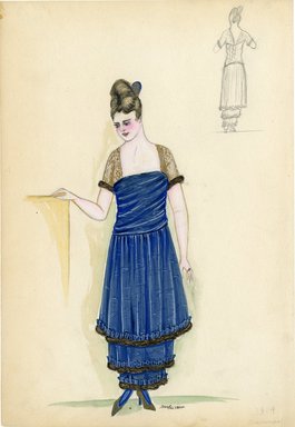 <em>"Evening dress, Summer 1914. Long blue dress trimmed with 3 rows of brown fur; gold lace or net short sleeves trimmed with same fur. (Bendel Collection, HB 008-08)"</em>, 1914. Fashion sketch, 12.25 x 8.5 in (31.1 x 21.6 cm). Brooklyn Museum, Fashion sketches. (Photo: Brooklyn Museum, SC01.1_Bendel_Collection_HB_008-08_1914_SL5.jpg