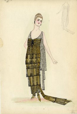 <em>"Evening dress, Summer 1914. Long gold dress with train; black beaded geometric design over entire dress; black beading forms sleeveless top of bodice and back panels. (Bendel Collection, HB 008-09)"</em>, 1914. Fashion sketch, 12.25 x 8.5 in (31.1 x 21.6 cm). Brooklyn Museum, Fashion sketches. (Photo: Brooklyn Museum, SC01.1_Bendel_Collection_HB_008-09_1914_SL5.jpg