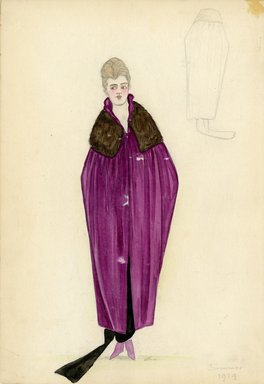 <em>"Evening cape, Summer 1914.  Long magenta cape with brown fur collar; long black dress with train under cape. (Bendel Collection, HB 008-10)"</em>, 1914. Fashion sketch, 12.25 x 8.5 in (31.1 x 21.6 cm). Brooklyn Museum, Fashion sketches. (Photo: Brooklyn Museum, SC01.1_Bendel_Collection_HB_008-10_1914_SL5.jpg