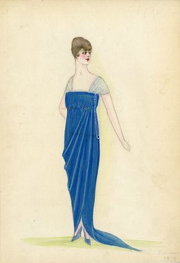 <em>"Evening dress, Summer 1914. Long blue dress with train; square neckline; sheer cap sleeves trimmed with rope of white beads. (Bendel Collection, HB 008-11)"</em>, 1914. Fashion sketch, 12.25 x 8.5 in (31.1 x 21.6 cm). Brooklyn Museum, Fashion sketches. (Photo: Brooklyn Museum, SC01.1_Bendel_Collection_HB_008-11_1914_SL5.jpg