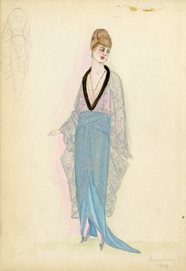 <em>"Evening dress, Summer 1914. Long light blue skirt with short train; silver lace shawl trimmed with dark brown fur at neckline. (Bendel Collection, HB 008-12)"</em>, 1914. Fashion sketch, 12.25 x 8.5 in (31.1 x 21.6 cm). Brooklyn Museum, Fashion sketches. (Photo: Brooklyn Museum, SC01.1_Bendel_Collection_HB_008-12_1914_SL5.jpg