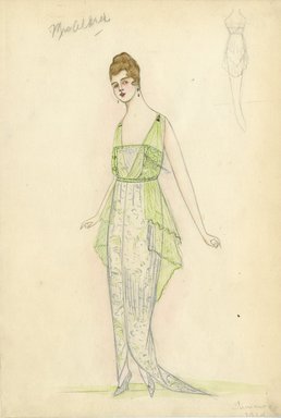 <em>"Evening dress, Summer 1914. Long light green strapless dress with short train; abstract design on fabric; sheer green side panels become sleeveless bodice; small silver tassels at shoulder. (Bendel Collection, HB 008-13)"</em>, 1914. Fashion sketch, 12.25 x 8.5 in (31.1 x 21.6 cm). Brooklyn Museum, Fashion sketches. (Photo: Brooklyn Museum, SC01.1_Bendel_Collection_HB_008-13_1914_SL5.jpg