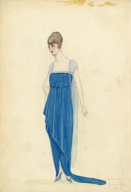 <em>"Evening dress, Summer 1914.  Long blue dress with train; sheer short sleeves; sheer overslip cut on the diagonal; sleeves trimmed with white beads. (Bendel Collection, HB 008-14)"</em>, 1914. Fashion sketch, 12.25 x 8.5 in (31.1 x 21.6 cm). Brooklyn Museum, Fashion sketches. (Photo: Brooklyn Museum, SC01.1_Bendel_Collection_HB_008-14_1914_SL5.jpg