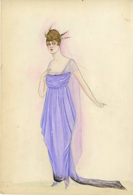 <em>"Evening dress, Summer 1914. Long light purple dress with train; draped square neck; sheer light purple short sleeves with back train; sleeves trimmed with white and purple beads; four white pointed feathers in hair. (Bendel Collection, HB 008-15)"</em>, 1914. Fashion sketch, 12.25 x 8.5 in (31.1 x 21.6 cm). Brooklyn Museum, Fashion sketches. (Photo: Brooklyn Museum, SC01.1_Bendel_Collection_HB_008-15_1914_SL5.jpg