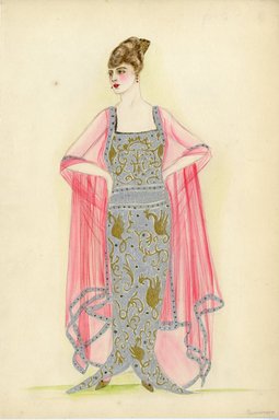 <em>"Evening dress, Summer 1914. Long silver metallic dress; square neckline; sleeveless; dress fabric with design of gold metallic phoenix and scrollwork; sheer red shawl edged in sliver metallic. (Bendel Collection, HB 008-16)"</em>, 1914. Fashion sketch, 12.25 x 8.5 in (31.1 x 21.6 cm). Brooklyn Museum, Fashion sketches. (Photo: Brooklyn Museum, SC01.1_Bendel_Collection_HB_008-16_1914_SL5.jpg