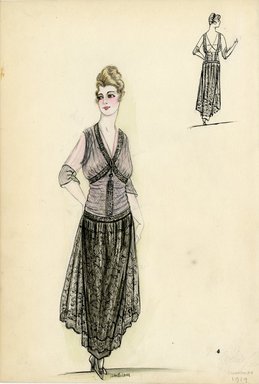 <em>"Evening dress, Summer 1914. Long black lace dress with black lace skirt; draped midriff and bodice in black net; v-neck ending in large tassel; elbow length sleeves. (Bendel Collection, HB 008-17)"</em>, 1914. Fashion sketch, 12.25 x 8.5 in (31.1 x 21.6 cm). Brooklyn Museum, Fashion sketches. (Photo: Brooklyn Museum, SC01.1_Bendel_Collection_HB_008-17_1914_SL5.jpg