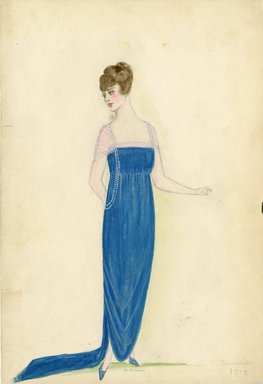 <em>"Evening dress, Summer 1914. Long blue Empire dress; square neckline; sheer light pink cap sleeves trimmed with white beads. (Bendel Collection, HB 008-18)"</em>, 1914. Fashion sketch, 12.25 x 8.5 in (31.1 x 21.6 cm). Brooklyn Museum, Fashion sketches. (Photo: Brooklyn Museum, SC01.1_Bendel_Collection_HB_008-18_1914_SL5.jpg