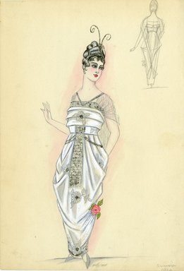 <em>"Evening dress, Summer 1914. Long white dress with draped skirt; square neckline and pleated bodice; bodice neckline edged with silver net; sheer white net short sleeves; dress fabric decorated with large flowers; wide panel attached at waist hangs down front of dress; narrow headband with feathers. (Bendel Collection, HB 008-19)"</em>, 1914. Fashion sketch, 12.25 x 8.5 in (31.1 x 21.6 cm). Brooklyn Museum, Fashion sketches. (Photo: Brooklyn Museum, SC01.1_Bendel_Collection_HB_008-19_1914_SL5.jpg